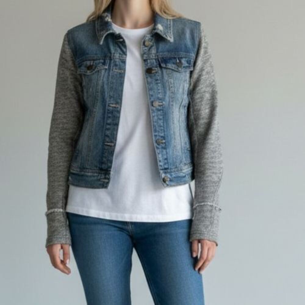 Free People Distressed Knit Denim Jean Jacket Women XS Blue Grey NO HOOD